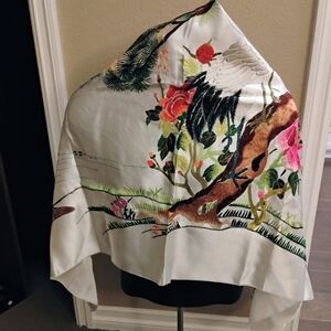 Vintage Japanese Silk Artistic Embroidered Scarf Shawl Wrap Crane Birds In Tree